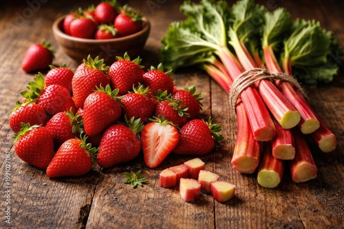 Ripe strawberries and fresh rhubarb stalks highlighted on textured wooden table