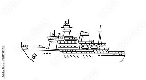Line drawing of a large icebreaker ship with a prominent tower