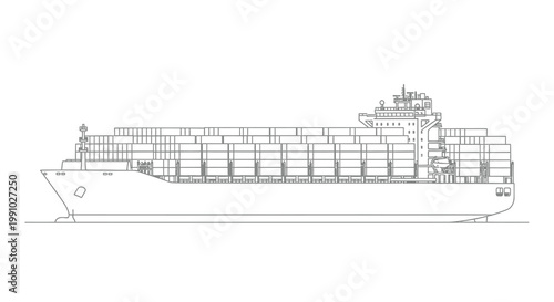Line drawing of a large container ship at sea side view