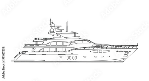 Line drawing of a large modern yacht at sea