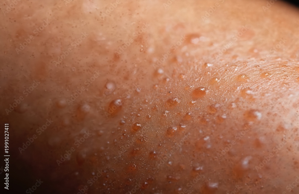 Fototapeta premium Macro view shows human skin surface with sweat drops. Shows pores texture detail on arm or torso. Natural body moisture and organic imperfections visible.