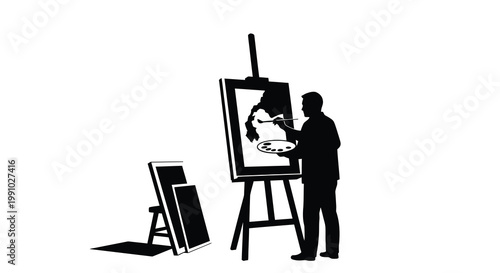 Silhouette of an artist painting at an easel with a palette