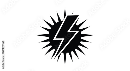 Black and white illustration of a lightning bolt striking a starburst shape