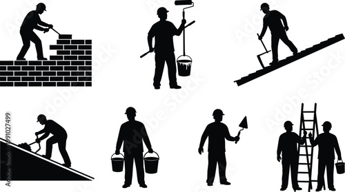 Construction worker silhouette set with masonry, painting and roofing activities, industrial labor icons collection, handyman tools and building service concept vector illustration