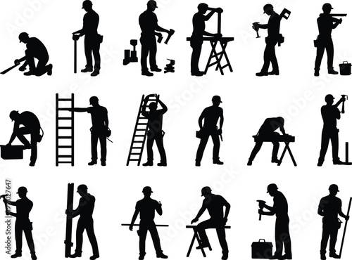 Construction worker silhouettes set performing various tasks with tools, professional builders vector illustration isolated on white background for industry, labor, engineering and renovation concepts