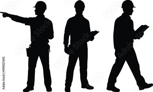 Construction worker silhouettes set with pointing gesture and clipboard inspection, professional builders vector illustration isolated on white background for industry planning concept