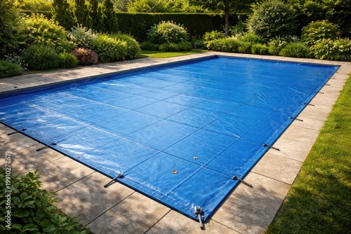 Swimming pool shielded against leaves and dirt by blue tarpaulin cover with copy space