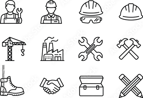Construction worker tools and safety equipment icon set, industrial line icons collection including helmet, wrench, crane, factory, boots, toolbox, handshake symbols