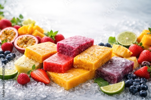 Variety of frozen fruit pulps showcasing tasty flavors with copy space included