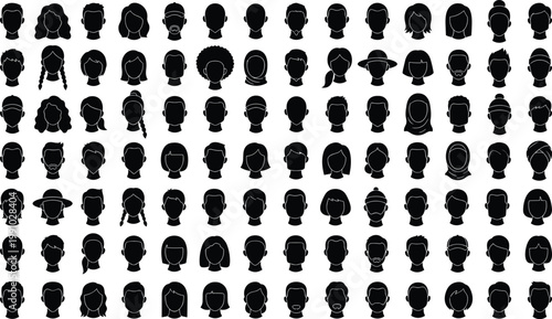 Diverse people avatar silhouette icon set featuring male female hairstyles faces profile heads collection vector illustration isolated on white background design