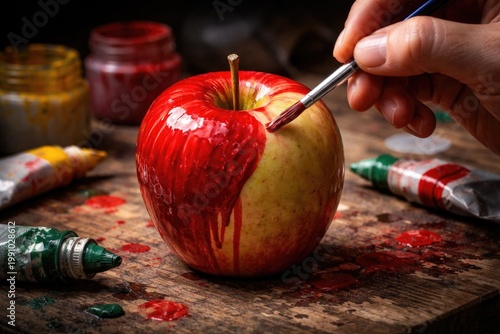 Hand painted red apple demonstrating fake food and coloring deception concept