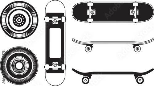 Set of silhouettes of skateboards. two different types of boards and two wheels, vector illustration.