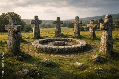 Sacred cruciform standing stones encircling a central stone ring within a serene green field