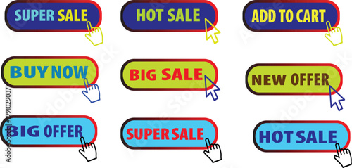 Colorful sale buttons with hand cursors for e-commerce websites