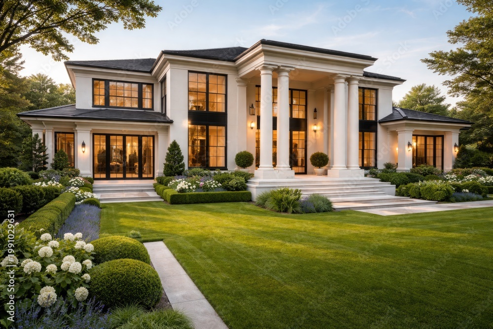 Obraz premium Contemporary upscale home featuring pristine yard with vibrant grass and classic architectural columns