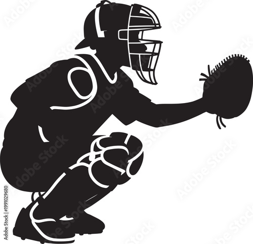Black silhouette of baseball catcher in uniform and gear on transparent background isolated.