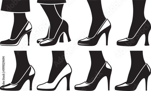 Collection of black silhouette high heel shoes with straps on transparent background isolated.