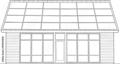 Modern eco friendly house with rooftop solar panels line art illustration for sustainable energy architecture design projects vector outline concept
