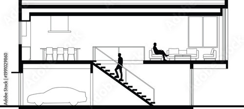 Modern house cross section architectural drawing with interior layout staircase garage living room kitchen furniture silhouettes minimalist residential building vector illustration