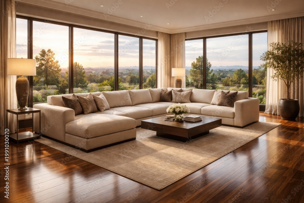 Fototapeta premium Upscale living room interior with large beige corner sofa and polished wooden floor featuring expansive panoramic windows