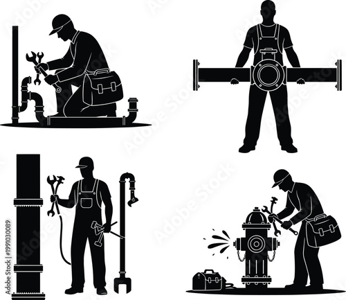 Plumber silhouette set repairing pipes valves and hydrant with tools industrial maintenance service water system installation vector illustration collection