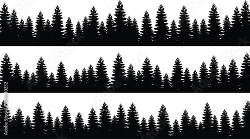 Seamless pine forest silhouette borders vector collection black evergreen tree lines landscape strips nature woodland background for design and illustration projects
