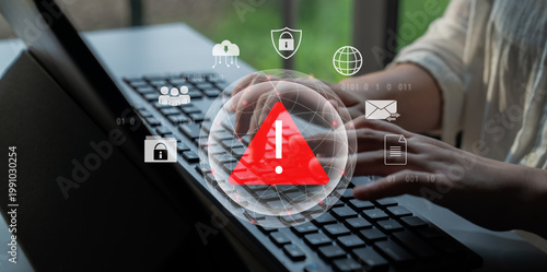 Bild auf Leinwand Red warning triangle representing a cybersecurity threat or data breach alert, s