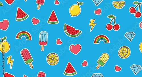 Retro pop art seamless pattern, colorful summer patches on blue background, fun cartoon sticker wallpaper with watermelon and fruit icons