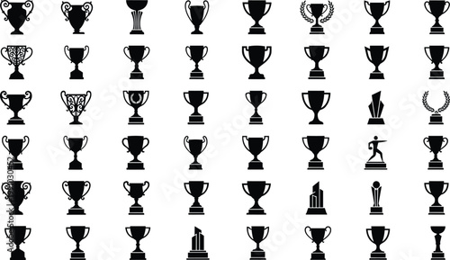 Trophy cup silhouette icon set featuring award prizes winner championship cups sports achievements recognition symbols vector illustration collection isolated on white
