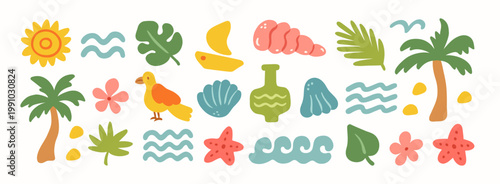 Summer boho color element set. Hand drawn palm tree, sun, sea, flower, boat, seashell, wave, bird, tropical leaves in naive style. Tropical print, vacation beach, ocean travel. Vector illustration.