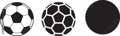 Three soccer balls icons including classic pentagon hexagon pattern and plain circle on transparent background.