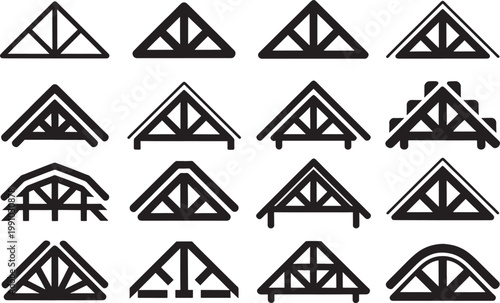 Set of roof truss structures including various geometric designs on transparent background for architecture.