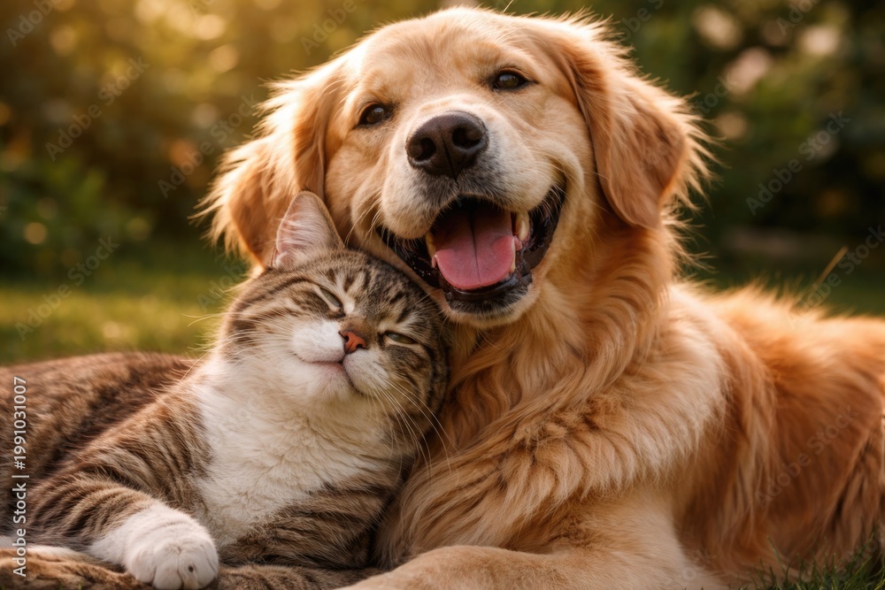 Obraz premium Happy dog and cat enjoying a peaceful moment together