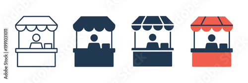 Market stall icon set with outline filled and colored versions