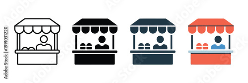 Street food stall icons with vendor and bread in four styles