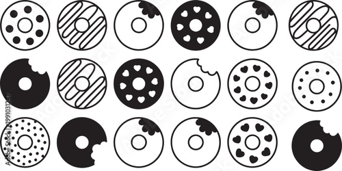 Doughnut icons collection with different frosting styles and bitten shapes for bakery menu ornament.
