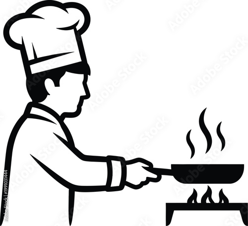 Chef skillfully cooking on a stove with a frying pan Vector