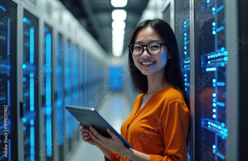 Asian woman in glasses holds tablet near glowing server racks. She works in data center managing IT infrastructure and digital data streams. Technology pro smiles.