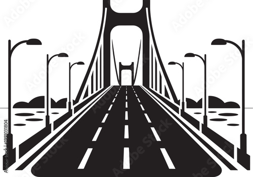 Suspension bridge with street lights and road perspective vector illustration isolated on transparent background.