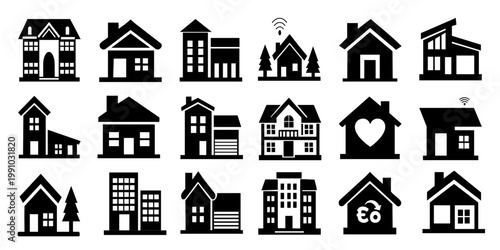 Black and White House Icons Set Modern Home Silhouettes Vector Collections