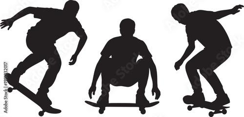 Three skateboarders performing tricks in silhouette, dynamic action poses vector art.