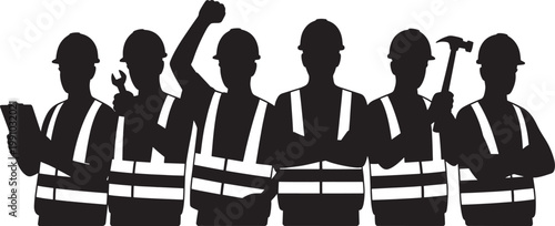 Group of construction workers in safety vests and hard hats silhouette illustration.