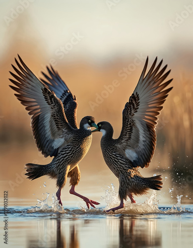 Two ruff birds face each other on water. They splash, flap wings, show colorful feathers. Males compete during spring mating season display. Bird fight happens in wetland.