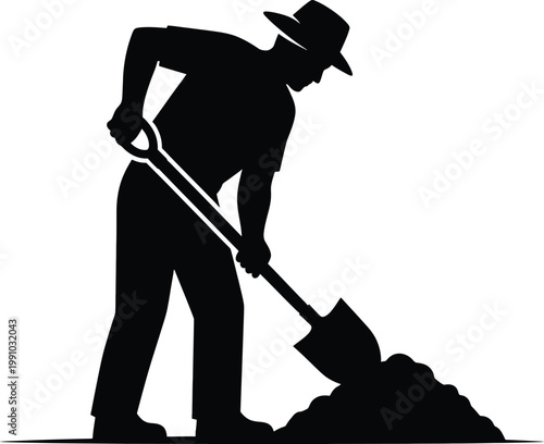 A laborer using a shovel to dig into the ground outdoors. Vector