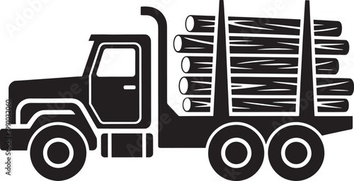Log truck carrying timber load for forestry industry black silhouette isolated on transparent background.
