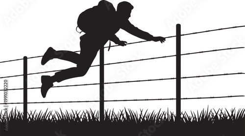 Person jumping over barbed wire fence at night silhouette escape or border crossing concept illustration.