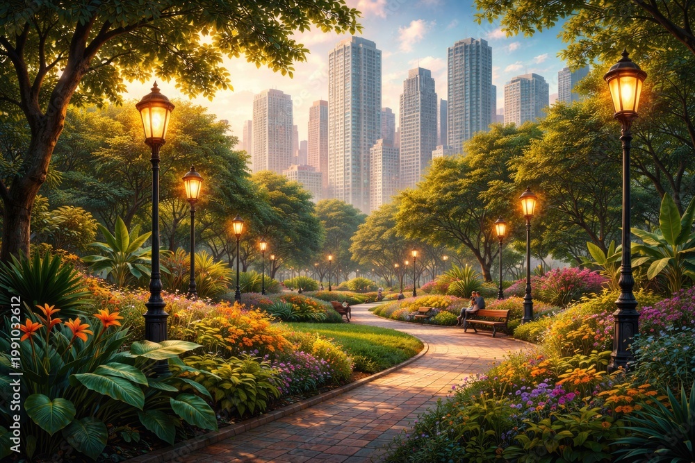 Fototapeta premium Vibrant square artwork showing a city park with plants, lamps and high rise backdrop