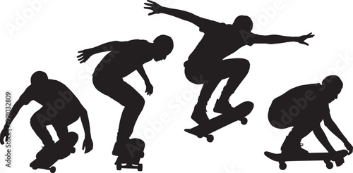 Skateboarder silhouettes performing tricks set of black vector figures showing active extreme sport.