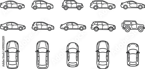 Car icon set featuring sedan suv hatchback coupe top view side view vehicle outline vector collection for transportation automotive design navigation graphics