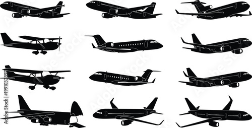 Airplane silhouettes set featuring commercial jets private aircraft and small planes isolated vector collection for aviation transport travel design illustration elements